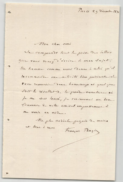Fran&ccedil;ois Bazin , compositeur - Lettre autographe sign&eacute;e de remerciements - 1871. Fran&ccedil;ois Bazin