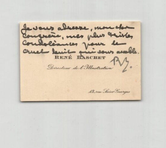 Ren&eacute; Baschet - Journaliste Fran&ccedil;ais - Carte de visite autographe sign&eacute;e. Ren&eacute; Baschet