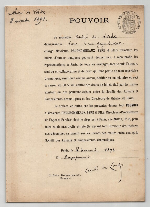 Pouvoir sign&eacute; par Andr&eacute; de Lorde - Collection coh&eacute;rente 25 auteurs & musiciens. Andr&eacute; de Lorde