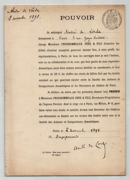 Pouvoir sign&eacute; par Andr&eacute; de Lorde - Collection coh&eacute;rente 25 auteurs & musiciens. Andr&eacute; de Lorde