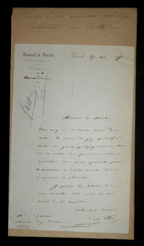 L&eacute;on PL&Eacute;E - LETTRE AUTOGRAPHE SIGN&Eacute;E &Agrave; Pierre-Fr&eacute;d&eacute;ric DORIAN, Paris, 1870. L&eacute;on Pl&eacute;e