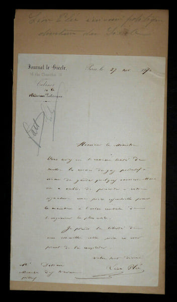 L&eacute;on PL&Eacute;E - LETTRE AUTOGRAPHE SIGN&Eacute;E &Agrave; Pierre-Fr&eacute;d&eacute;ric DORIAN, Paris, 1870. L&eacute;on Pl&eacute;e