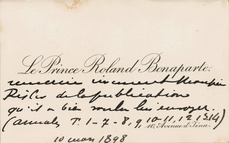 Prince Roland Napol&eacute;on Bonaparte - Carte de visite autographe remerciements 1898. Prince Roland Napol&eacute;on Bonaparte