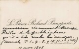 Prince Roland Napol&eacute;on Bonaparte - Carte de visite autographe remerciements 1898. Prince Roland Napol&eacute;on Bonaparte