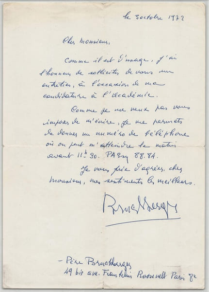 P&egrave;re Raymond L&eacute;opold Bruckberger - Lettre autographe sign&eacute;e &agrave; Maulnier - 1972. Raymond L&eacute;opold Bruckberger