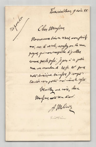 Auguste Molinier - Lettre autographe sign&eacute;e &agrave; Gabriel Monod - Fontainebleau 1885. Auguste Molinier