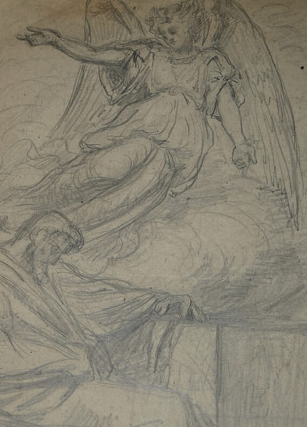 Dessin au crayon - Ange en apparition aupr&egrave;s d'un homme assis dormant, XIX &egrave;me.. Anonyme