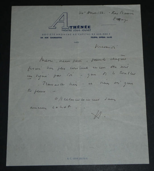 Louis JOUVET, Com&eacute;dien - LETTRE AUTOGRAPHE SIGN&Eacute;E. Louis JOUVET