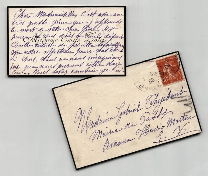 Alexandrine Zola - Carte de visite autographe sign&eacute;e &laquo; Tr&egrave;s grosse peine &raquo; 1908. Alexandrine Zola