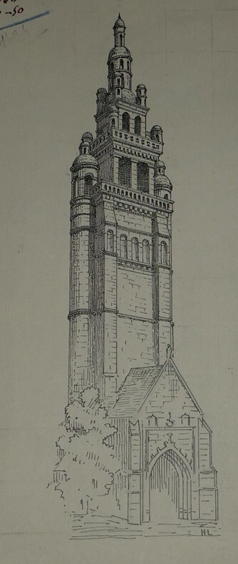 Dessin original sign&eacute; - Clocher de l'&eacute;glise de Roscoff (Finist&egrave;re). Louis Henri Laffill&eacute;e