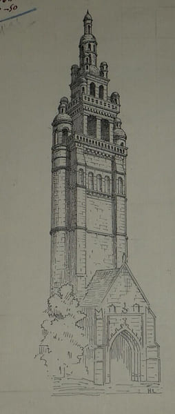 Dessin original sign&eacute; - Clocher de l'&eacute;glise de Roscoff (Finist&egrave;re). Louis Henri Laffill&eacute;e