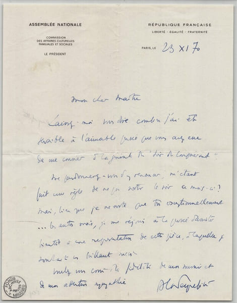 Alain Peyrefitte - Lettre autographe sign&eacute;e &agrave; Maulnier - 1970. Alain Peyrefitte