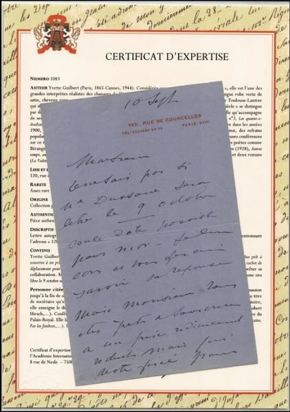 Yvette Guilbert - Lettre autographe sign&eacute;e Acceptation pour une prestation 1905. Yvette Guilbert