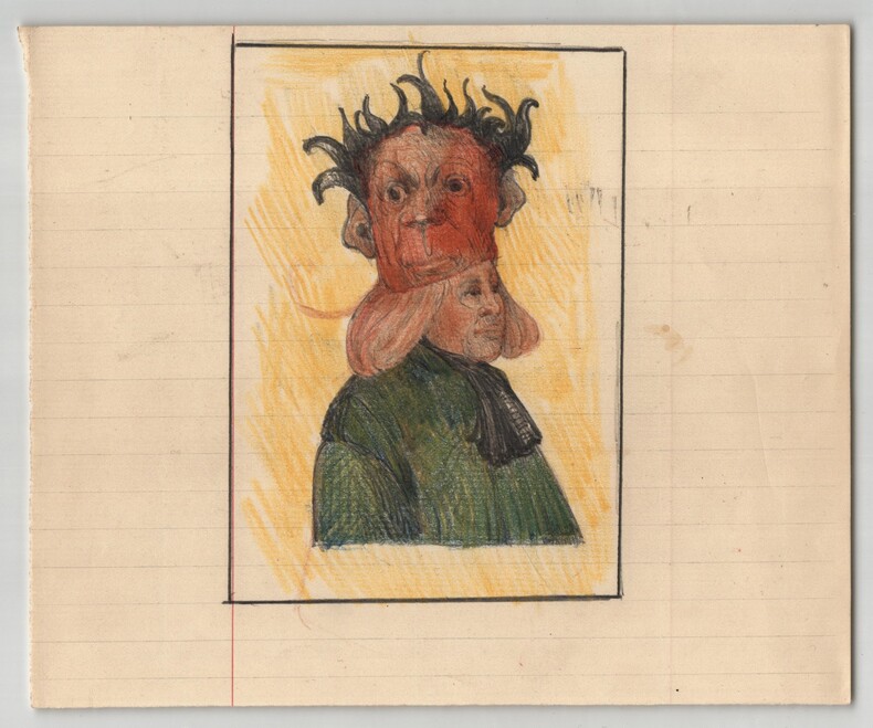 Dessin original d&eacute;but XXe - Portrait d'homme au masque grotesque. 