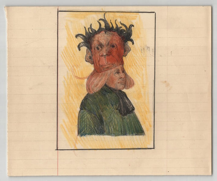 Dessin original d&eacute;but XXe - Portrait d'homme au masque grotesque. 