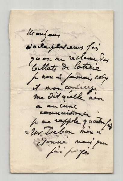Jean-Jacques HENNER - Lettre Autographe Sign&eacute;e - "billet de loterie". Jean-Jacques HENNER