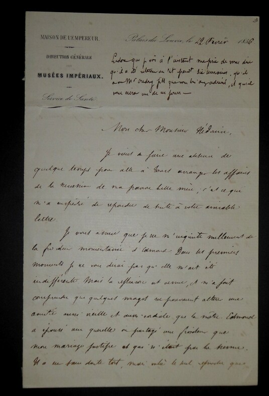 COMTE CLEMENT DE RIS - LETTRE AUTOGRAPHE SIGNEE, PALAIS DU LOUVRE, 1856. Comte Dominique Cl&eacute;ment de Ris