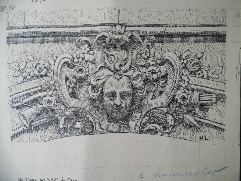 Cl&eacute; d'Arc du XVII&egrave;me si&egrave;cle &agrave; Caen - Dessin original sign&eacute;. Louis Henri Laffill&eacute;e