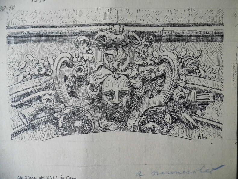 Cl&eacute; d'Arc du XVII&egrave;me si&egrave;cle &agrave; Caen - Dessin original sign&eacute;. Louis Henri Laffill&eacute;e