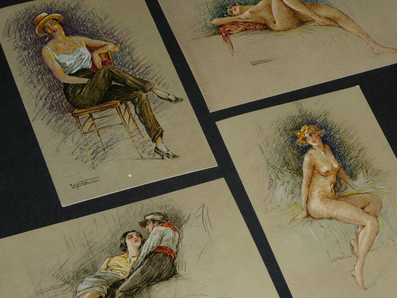 4 Cartes postales portraits de femmes curiosa sign&eacute;es Laporte, "Bas fonds de Paris". Laporte