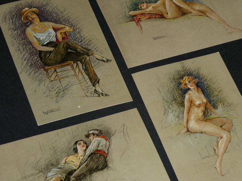 4 Cartes postales portraits de femmes curiosa sign&eacute;es Laporte, "Bas fonds de Paris". Laporte