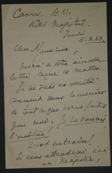Andr&eacute; de FOUQUI&Egrave;RES Lettre Autographe Sign&eacute;e, Caroline Ot&eacute;ro, Cannes, 1953. Andr&eacute; de FOUQUI&Egrave;RES