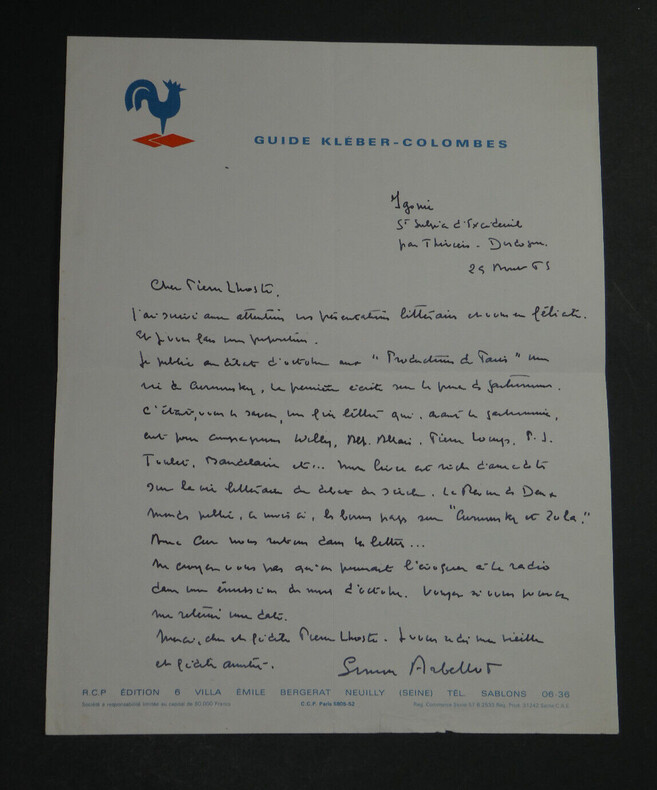 Simon ARBELLOT - LETTRE AUTOGRAPHE SIGN&Eacute;E &Agrave; Pierre LHOSTE - Curnonsky - 1965. Simon ARBELLOT
