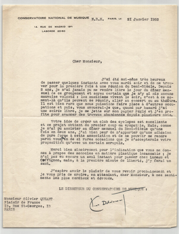 Claude Delvincourt - Int&eacute;ressante lettre dactylographi&eacute;e sign&eacute;e &agrave; Qu&eacute;ant - 1952. Claude Delvincourt