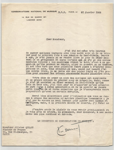 Claude Delvincourt - Int&eacute;ressante lettre dactylographi&eacute;e sign&eacute;e &agrave; Qu&eacute;ant - 1952. Claude Delvincourt