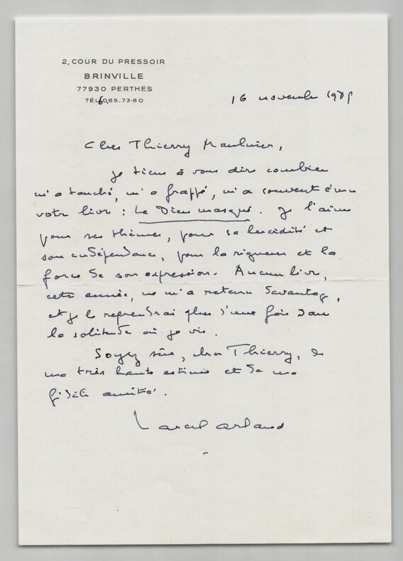 Marcel Arland - Lettre autographe sign&eacute;e &agrave; Thierry Maulnier - 1985. Marcel Arland