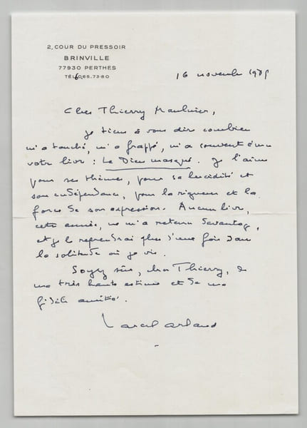 Marcel Arland - Lettre autographe sign&eacute;e &agrave; Thierry Maulnier - 1985. Marcel Arland