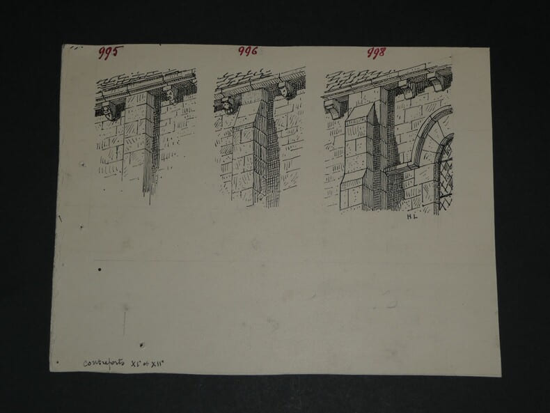 Formes vari&eacute;es de contreforts normands - Dessin original sign&eacute;. Louis Henri Laffill&eacute;e