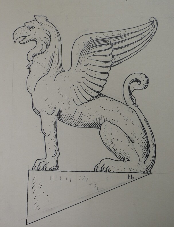 Griffon d'angle d'un fronton dorique - Dessin original sign&eacute; &agrave; l'encre vers 1930. Louis Henri Laffill&eacute;e