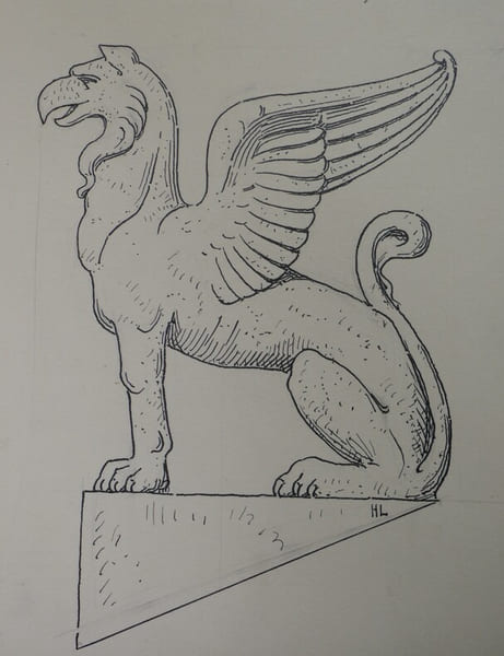 Griffon d'angle d'un fronton dorique - Dessin original sign&eacute; &agrave; l'encre vers 1930. Louis Henri Laffill&eacute;e