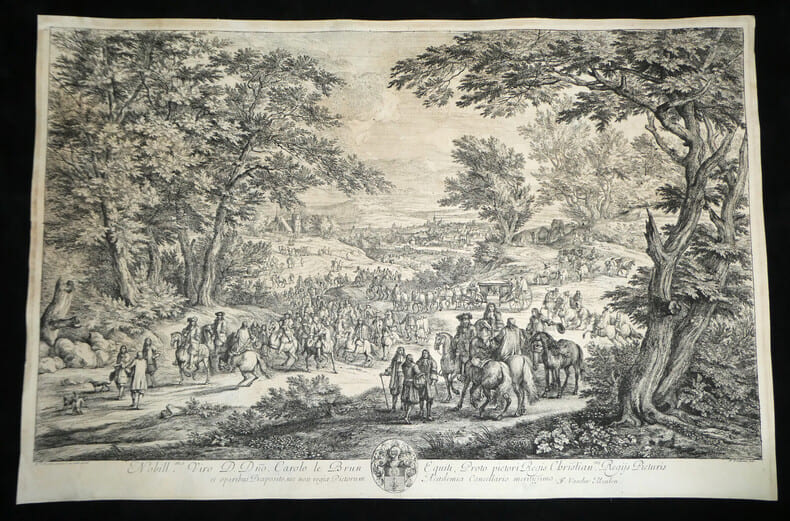 MEULEN & BAUDOUIN – Grande gravure en hommage &agrave; Charles Le Brun, XVIIᵉ. Adam Fran&ccedil;ois van der Meulen & Adrien Fran&ccedil;ois Baudouin