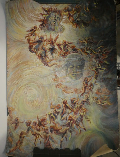 D. Duvill&eacute; - Huile sur papier sign&eacute;e - "Tourbillon montant des angelots". D. Duvill&eacute;