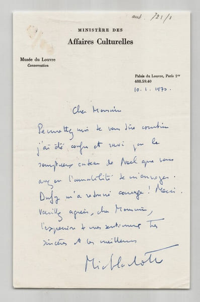 Michel Laclotte Lettre autographe sign&eacute;e Minist&egrave;re des Affaires Culturelles 1970. Michel Laclotte
