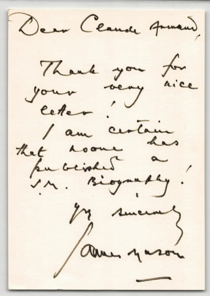 James Mason - LETTRE AUTOGRAPHE SIGN&Eacute;E &Agrave; Claude Armand grand collectionneur. James Mason
