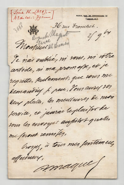 Lettre autographe sign&eacute;e Auguste Maquet – Dumas – Rue de Bruxelles. Auguste Maquet