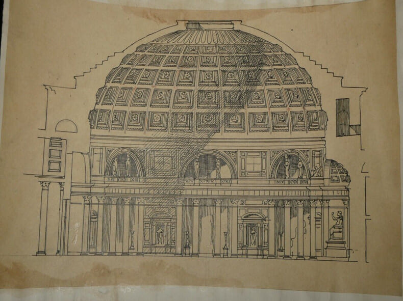 Coupe du Panth&eacute;on - Dessin original sign&eacute; de ses initiales. Louis Henri Laffill&eacute;e