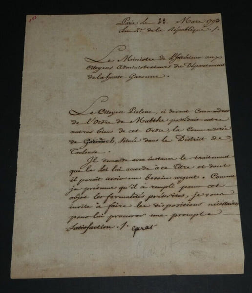 Dominique Joseph Garat - Pr&eacute;cieuse lettre sign&eacute;e au Citoyen Piolenc, 1793. Dominique Joseph Garat