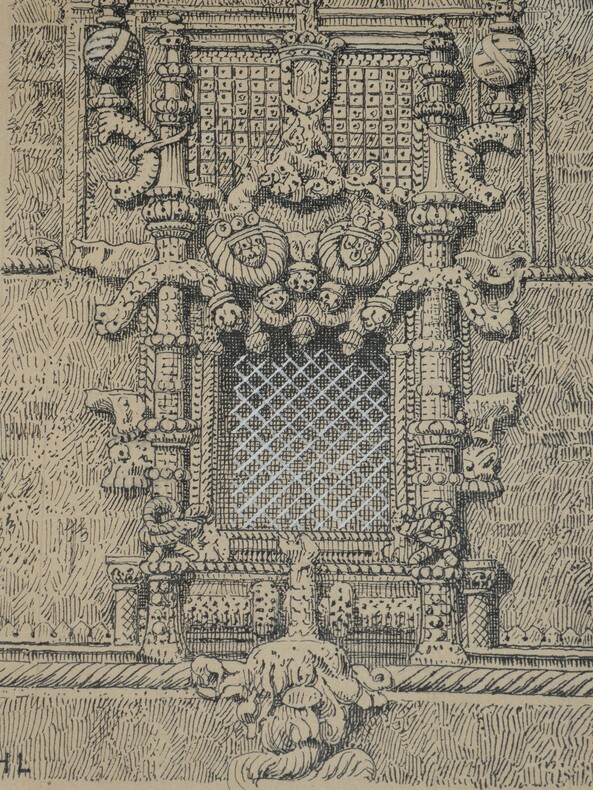 Fen&ecirc;tre du monast&egrave;re de Tomar (Portugal) - Dessin original sign&eacute;. Louis Henri Laffill&eacute;e