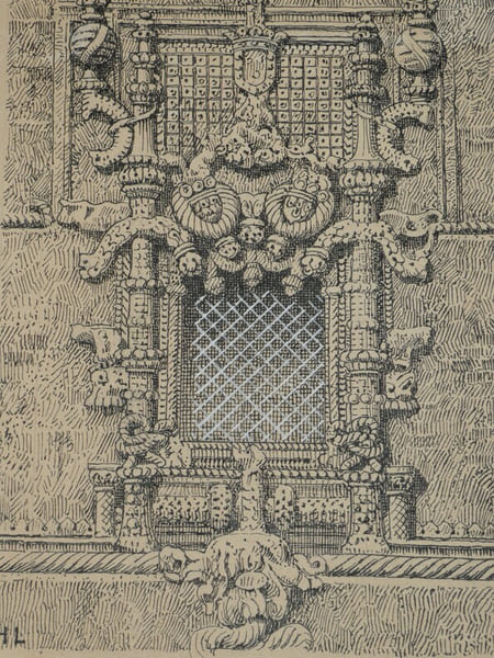 Fen&ecirc;tre du monast&egrave;re de Tomar (Portugal) - Dessin original sign&eacute;. Louis Henri Laffill&eacute;e