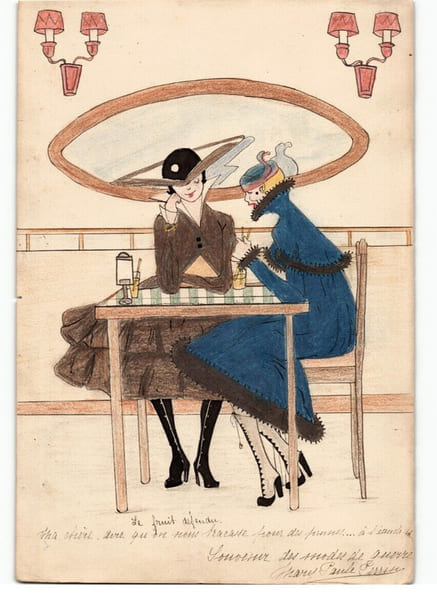 Aquarelle souvenir des modes de guerre WW1 Ann&eacute;es 1910 Le fruit d&eacute;fendu !. 