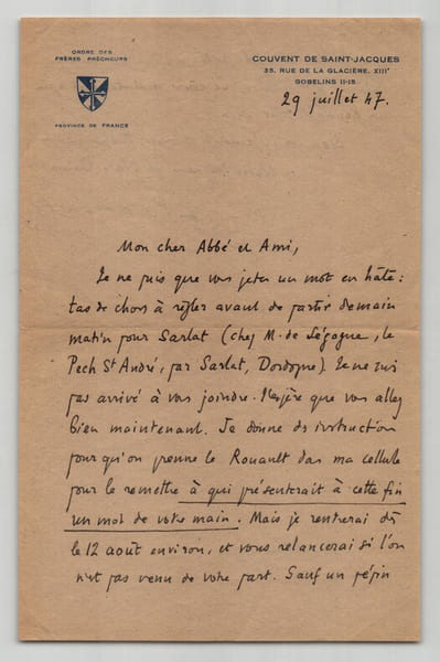 Pie Raymond R&eacute;gamey. Lettre autographe sign&eacute;e &agrave; l'Abb&eacute; Morel, 1947. Pie Raymond R&eacute;gamey