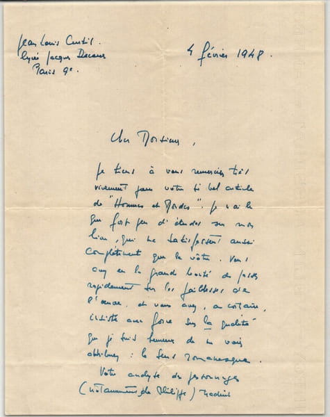 Jean-Louis Curtis - Lettre autographe sign&eacute;e sur article "Hommes et Mondes" 1948. Jean-Louis Curtis