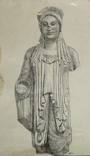 Statue de l'Acropole (VI si&egrave;cle) — Dessin original sign&eacute; de ses initiales, r&eacute;alis&eacute; &agrave; l'encre vers 1930. Louis Henri Laffill&eacute;e