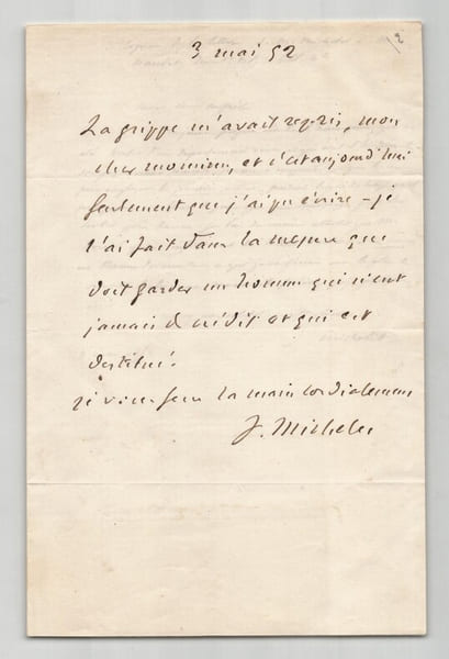 Jules Michelet - Lettre autographe sign&eacute;e et copie de lettre - 1852. Jules Michelet