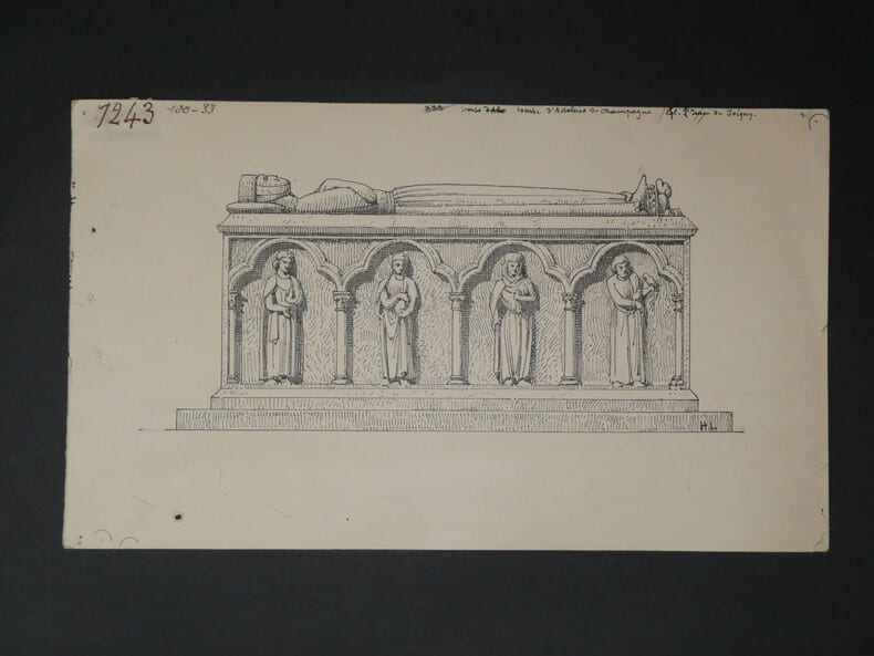 Tombe dans l'&eacute;glise Saint-Jean &agrave; Joigny - Dessin original sign&eacute;. Louis Henri Laffill&eacute;e