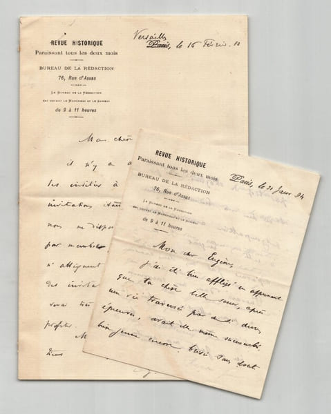 Gabriel Monod. Ensemble de deux lettres autographes sign&eacute;es, Revue Historique, 1883. Gabriel Monod